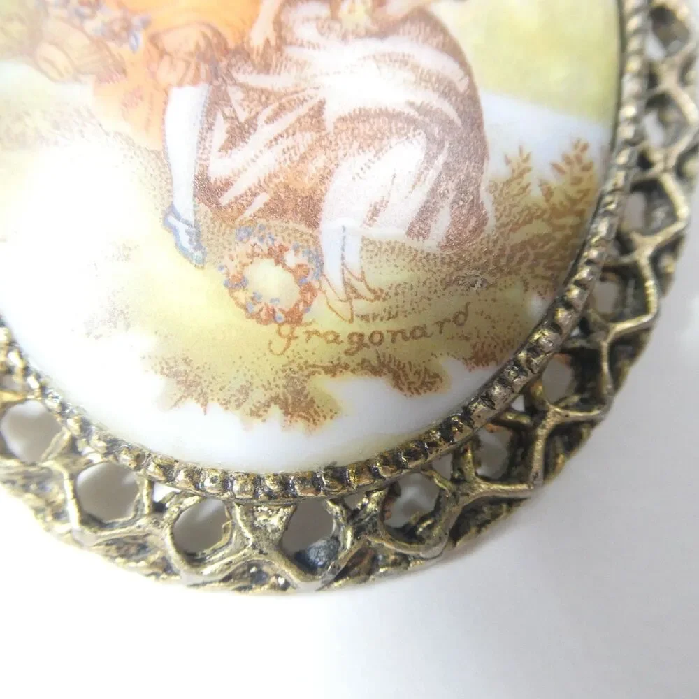Porcelain Pin w/Brass Filigree Frame Oval Vintage Brooch